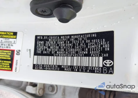 2016 Toyota Corolla Le из США, поврежденный, VIN 5YFBURHE6GP405281